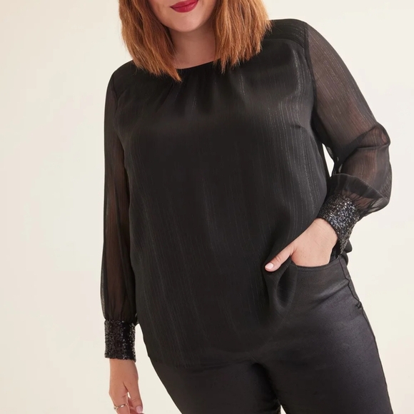 Penningtons Black Long Sleeve Sheer Blouse Top Metallic Sequins Sequined 5X - Picture 1 of 12